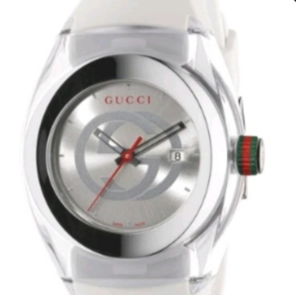 Gucci Silver and White Timepiece with Red Accent
